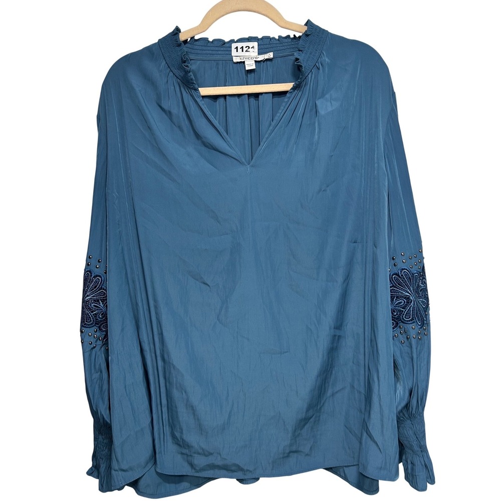 Chicos Blue Embroidered Studded Blouse Smocked V-Neck Top Size 4 XL 20